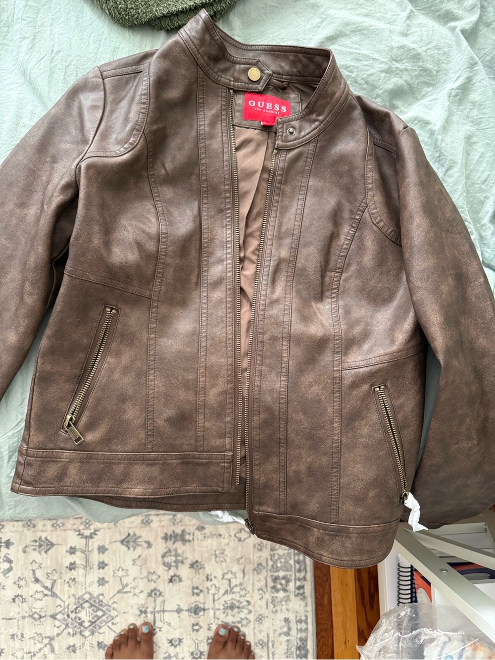 GUESS Brown Faux Leather Zip-Front Moto Jacket